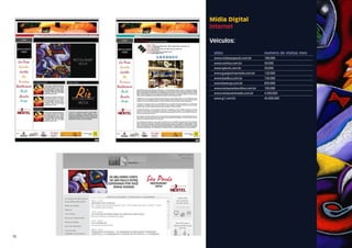 Mídia Digital
     Internet

     Veiculos:
      sites                          numero de visitas mes
      www.visitesaopaulo.com.br      100.000
      www.comtur.com.br              50.000
      www.spturis.com.br             50.000
      www.guiajosimarmelo.com.br     120.000
      www.basilico.com.br            150.000
      www.baressp.com.br             850.000
      www.restauranteonline.com.br   100.000
      www.restaurantweek.com.br      4.500.000
      www.g1.com.br                  45.000.000




15
 