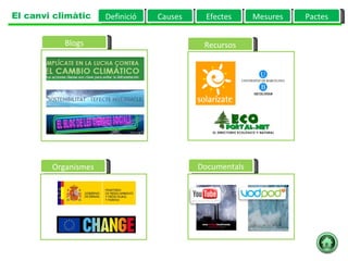Blogs Organismes Definició Causes Efectes Mesures Pactes El canvi climàtic Documentals Recursos 