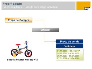 Preço de Compra
Preço de Venda
Validade
Margem
01.11.2007 - 25.11.2007
15.11.2007 - 16.11.2007
26.11.2007 - 06.01.2008
07.01.2008 - 15.04.2008
Precificação
Preços regulares – Cálculo para artigo individual
Bicicleta Houston Mini Boy A12
 