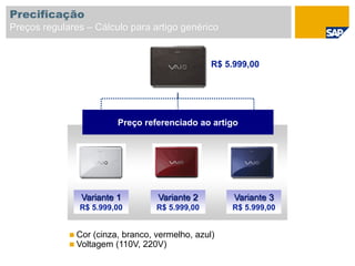 Precificação
Preços regulares – Cálculo para artigo genérico
Variante 1
R$ 5.999,00
Variante 2
R$ 5.999,00
Variante 3
R$ 5.999,00
Preço referenciado ao artigo
 Cor (cinza, branco, vermelho, azul)
 Voltagem (110V, 220V)
R$ 5.999,00
 