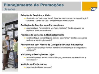 Seleção de Produtos e Mídia
 Quais são os “melhores” itens? Qual é o melhor meio de comunicação?
Encartes? Dentro da Loja? Programas de Fidelização?
Avaliação de Acordos com Fornecedores
 A proposta do Fornecedor é um “bom negócio”? Serão atingidos os
objetivos financeiros corretos?
Previsão de Demanda & Reabastecimento
 Existe estoque suficiente para atender a demanda? Serão necessários
pedidos, e se sim, de quanto?
Alinhamento com Planos de Categoria e Planos Financeiros
 A promoção vai atingir minhas metas financeiras? Qual é o impacto na
categoria?
Marketing e Execução nas Lojas
 A mídia impressa estará correta? Os preços corretos serão exibidos e
executados?
Medição de Performance
 A promoção obteve sucesso?
Planejamento de Promoções
Desafios
 