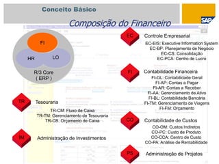 Conceito Básico
Contabilidade FinanceiraFI
FI-GL: Contabilidade Geral
FI-AP: Contas a Pagar
FI-AR: Contas a Receber
FI-AA: Gerenciamento de Ativo
FI-BL: Contabilidade Bancária
FI-TM: Gerenciamento de Viagens
FI-FM: Orçamento
CO-OM: Custos Indiretos
CO-PC: Custo de Produto
CO-CCA: Centro de Custo
CO-PA: Análise de Rentabilidade
Contabilidade de CustosCO
EC-EIS: Executive Information System
EC-BP: Planejamento de Negócio
EC-CS: Consolidação
EC-PCA: Centro de Lucro
Controle EmpresarialEC
TR-CM: Fluxo de Caixa
TR-TM: Gerenciamento de Tesouraria
TR-CB: Orçamento de Caixa
TesourariaTR
Administração de ProjetosPS
Administração de InvestimentosIM
FI
HR LO
R/3 Core
( ERP )
Composição do Financeiro
 