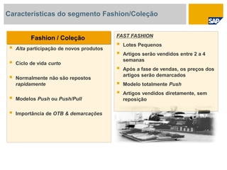 Fashion / Coleção
 Alta participação de novos produtos
 Ciclo de vida curto
 Normalmente não são repostos
rapidamente
 Modelos Push ou Push/Pull
 Importância de OTB & demarcações
FAST FASHION
 Lotes Pequenos
 Artigos serão vendidos entre 2 a 4
semanas
 Após a fase de vendas, os preços dos
artigos serão demarcados
 Modelo totalmente Push
 Artigos vendidos diretamente, sem
reposição
Características do segmento Fashion/Coleção
 