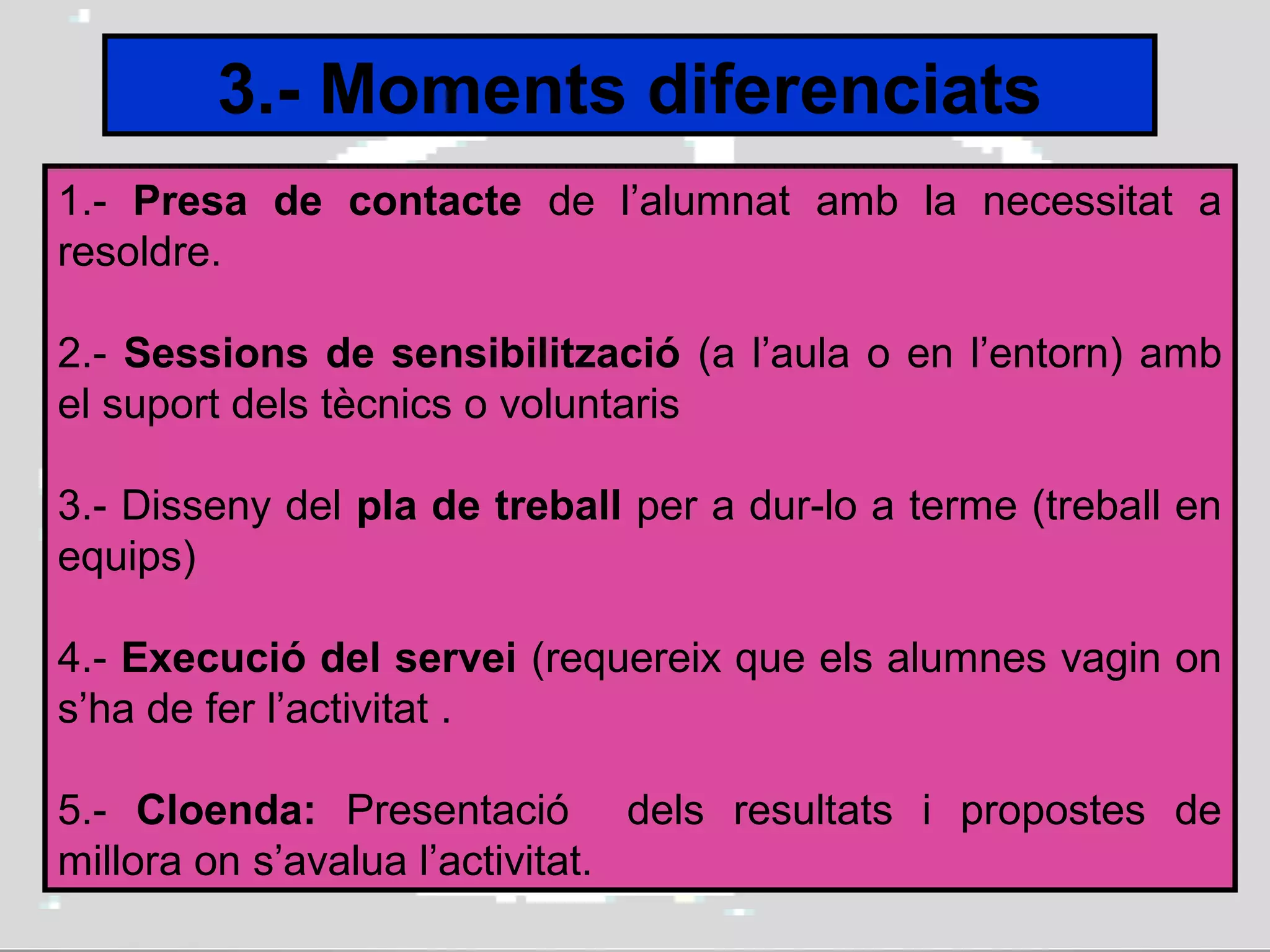 3.- Moments diferenciats
1.- Presa de contacte de l’alumnat amb la necessitat a
resoldre.
2.- Sessions de sensibilització (a l’aula o en l’entorn) amb
el suport dels tècnics o voluntaris
3.- Disseny del pla de treball per a dur-lo a terme (treball en
equips)
4.- Execució del servei (requereix que els alumnes vagin on
s’ha de fer l’activitat .
5.- Cloenda: Presentació dels resultats i propostes de
millora on s’avalua l’activitat.
 