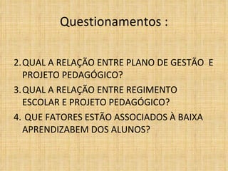 Questionamentos :   QUAL A RELAÇÃO ENTRE PLANO DE GESTÃO  E PROJETO PEDAGÓGICO? QUAL A RELAÇÃO ENTRE REGIMENTO ESCOLAR E PROJETO PEDAGÓGICO? QUE FATORES ESTÃO ASSOCIADOS À BAIXA APRENDIZABEM DOS ALUNOS? 