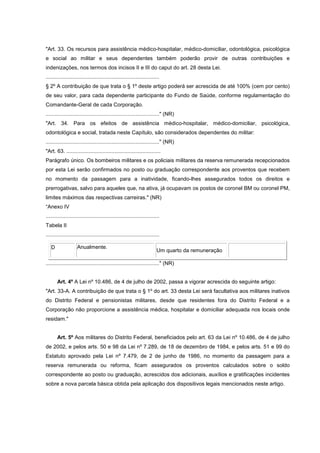 "Art. 33. Os recursos para assistência médico-hospitalar, médico-domiciliar, odontológica, psicológica
e social ao militar e seus dependentes também poderão provir de outras contribuições e
indenizações, nos termos dos incisos II e III do caput do art. 28 desta Lei.
............................................................................
§ 2º A contribuição de que trata o § 1º deste artigo poderá ser acrescida de até 100% (cem por cento)
de seu valor, para cada dependente participante do Fundo de Saúde, conforme regulamentação do
Comandante-Geral de cada Corporação.
............................................................................" (NR)
"Art. 34. Para os efeitos de assistência médico-hospitalar, médico-domiciliar, psicológica,
odontológica e social, tratada neste Capítulo, são considerados dependentes do militar:
............................................................................" (NR)
"Art. 63. ...............................................................
Parágrafo único. Os bombeiros militares e os policiais militares da reserva remunerada recepcionados
por esta Lei serão confirmados no posto ou graduação correspondente aos proventos que recebem
no momento da passagem para a inatividade, ficando-lhes assegurados todos os direitos e
prerrogativas, salvo para aqueles que, na ativa, já ocupavam os postos de coronel BM ou coronel PM,
limites máximos das respectivas carreiras." (NR)
“Anexo IV
............................................................................
Tabela II
............................................................................

   D                Anualmente.
                                                                          Um quarto da remuneração

............................................................................" (NR)


       Art. 4º A Lei nº 10.486, de 4 de julho de 2002, passa a vigorar acrescida do seguinte artigo:
"Art. 33-A. A contribuição de que trata o § 1º do art. 33 desta Lei será facultativa aos militares inativos
do Distrito Federal e pensionistas militares, desde que residentes fora do Distrito Federal e a
Corporação não proporcione a assistência médica, hospitalar e domiciliar adequada nos locais onde
residam."


       Art. 5º Aos militares do Distrito Federal, beneficiados pelo art. 63 da Lei nº 10.486, de 4 de julho
de 2002, e pelos arts. 50 e 98 da Lei nº 7.289, de 18 de dezembro de 1984, e pelos arts. 51 e 99 do
Estatuto aprovado pela Lei nº 7.479, de 2 de junho de 1986, no momento da passagem para a
reserva remunerada ou reforma, ficam assegurados os proventos calculados sobre o soldo
correspondente ao posto ou graduação, acrescidos dos adicionais, auxílios e gratificações incidentes
sobre a nova parcela básica obtida pela aplicação dos dispositivos legais mencionados neste artigo.
 