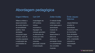 Abordagem pedagógica
Edgard Willems
Willems enfatiza o
desenvolvimento
do ouvido interno e
da sensibilidade
auditiva. Suas
atividades
incorporam jogos
rítmicos, canto de
canções populares
e exploração das
propriedades do
som.
Carl Orff
A abordagem de
Orff combina
música,
movimento e
linguagem. As
crianças aprendem
os elementos da
música por meio
de atividades
corporais,
percussão corporal
e improvisação.
Zoltán Kodály
O método Kodály
enfatiza o canto
como base para o
aprendizado
musical. As
crianças
desenvolvem a
leitura de
partituras, a
percepção rítmica
e a compreensão
dos conceitos
musicais.
Émile Jaques-
Dalcroze
Jaques-Dalcroze
acredita no
aprendizado
musical por meio
do movimento.
Suas atividades
integram a escuta
ativa, a expressão
corporal e a
improvisação
rítmica.
 