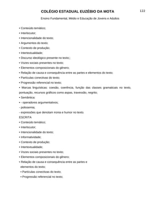 COLÉGIO ESTADUAL EUZÉBIO DA MOTA                                   122

                  Ensino Fundamental, Médio e Educação de Jovens e Adultos


• Conteúdo temático;
• Interlocutor;
• Intencionalidade do texto;
• Argumentos do texto;
• Contexto de produção;
• Intertextualidade;
• Discurso ideológico presente no texto;;
• Vozes sociais presentes no texto;
• Elementos composicionais do gênero;
• Relação de causa e consequência entre as partes e elementos do texto;
• Partículas conectivas do texto;
• Progressão referencial no texto;
• Marcas linguísticas: coesão, coerência, função das classes gramaticais no texto,
pontuação, recursos gráficos como aspas, travessão, negrito;
• Semântica:
• - operadores argumentativos;
- polissemia;
- expressões que denotam ironia e humor no texto.
ESCRITA
• Conteúdo temático;
• Interlocutor;
• Intencionalidade do texto;
• Informatividade;
• Contexto de produção;
• Intertextualidade;
• Vozes sociais presentes no texto;
• Elementos composicionais do gênero;
• Relação de causa e consequência entre as partes e
 elementos do texto;
 • Partículas conectivas do texto;
 • Progressão referencial no texto;
 