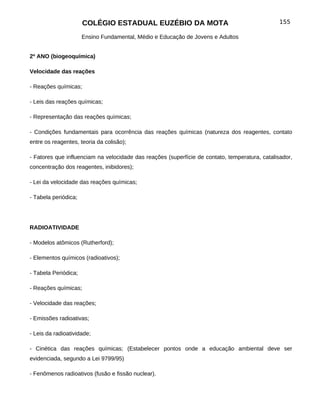 COLÉGIO ESTADUAL EUZÉBIO DA MOTA                                          155

                      Ensino Fundamental, Médio e Educação de Jovens e Adultos


2º ANO (biogeoquímica)

Velocidade das reações

- Reações químicas;

- Leis das reações químicas;

- Representação das reações químicas;

- Condições fundamentais para ocorrência das reações químicas (natureza dos reagentes, contato
entre os reagentes, teoria da colisão);

- Fatores que influenciam na velocidade das reações (superfície de contato, temperatura, catalisador,
concentração dos reagentes, inibidores);

- Lei da velocidade das reações químicas;

- Tabela periódica;




RADIOATIVIDADE

- Modelos atômicos (Rutherford);

- Elementos químicos (radioativos);

- Tabela Periódica;

- Reações químicas;

- Velocidade das reações;

- Emissões radioativas;

- Leis da radioatividade;

- Cinética das reações químicas; (Estabelecer pontos onde a educação ambiental deve ser
evidenciada, segundo a Lei 9799/95)

- Fenômenos radioativos (fusão e fissão nuclear).
 