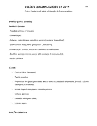 COLÉGIO ESTADUAL EUZÉBIO DA MOTA                                       156

                      Ensino Fundamental, Médio e Educação de Jovens e Adultos




3º ANO ( Química Sintética)

Equilíbrio Químico

- Reações químicas reversíveis;

- Concentração;

- Relações matemáticas e o equilíbrio químico (constante de equilíbrio);

- Deslocamento de equilíbrio (princípio de Lê Chatelier);

- Concentração, pressão, temperatura e efeito dos catalisadores;

- Equilíbrio químico em meio aquoso (pH, constante de ionização, Ks);

- Tabela periódica.




GASES:

   -   Estados físicos da material;

   -   Tabela periódica;

   -   Propriedade dos gases (densidade, difusão e efusão, pressão x temperatura, pressão x volume
       e temperatura x volume);

   -   Modelo de partículas para os materiais gasosos;

   -   Misturas gasosas;

   -   Diferença entre gás e vapor;

   -   Leis dos gases.




FUNÇÕES QUÍMICAS:
 