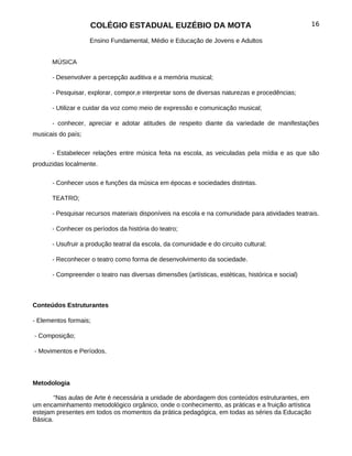 COLÉGIO ESTADUAL EUZÉBIO DA MOTA                                              16

                    Ensino Fundamental, Médio e Educação de Jovens e Adultos


      MÚSICA

      - Desenvolver a percepção auditiva e a memória musical;

      - Pesquisar, explorar, compor,e interpretar sons de diversas naturezas e procedências;

      - Utilizar e cuidar da voz como meio de expressão e comunicação musical;

      - conhecer, apreciar e adotar atitudes de respeito diante da variedade de manifestações
musicais do país;

      - Estabelecer relações entre música feita na escola, as veiculadas pela mídia e as que são
produzidas localmente.

      - Conhecer usos e funções da música em épocas e sociedades distintas.

      TEATRO;

      - Pesquisar recursos materiais disponíveis na escola e na comunidade para atividades teatrais.

      - Conhecer os períodos da história do teatro;

      - Usufruir a produção teatral da escola, da comunidade e do circuito cultural;

      - Reconhecer o teatro como forma de desenvolvimento da sociedade.

      - Compreender o teatro nas diversas dimensões (artísticas, estéticas, histórica e social)



Conteúdos Estruturantes

- Elementos formais;

- Composição;

- Movimentos e Períodos.




Metodologia

        “Nas aulas de Arte é necessária a unidade de abordagem dos conteúdos estruturantes, em
um encaminhamento metodológico orgânico, onde o conhecimento, as práticas e a fruição artística
estejam presentes em todos os momentos da prática pedagógica, em todas as séries da Educação
Básica.
 