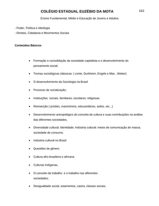COLÉGIO ESTADUAL EUZÉBIO DA MOTA                                            162

                     Ensino Fundamental, Médio e Educação de Jovens e Adultos


- Poder, Política e Ideologia
- Direitos, Cidadania e Movimentos Sociais



Conteúdos Básicos




           •   Formação e consolidação da sociedade capitalista e o desenvolvimento do
               pensamento social;

           •   Teorias sociológicas clássicas: ( conte, Durkheim, Engels e Max , Weber)

           •   O desenvolvimento da Sociologia na Brasil

           •   Processo de socialização;

           •   Instituições sociais, familiares; escolares; religiosas.

           •   Reinserção ( prisões, manicômios, educandários, asilos, etc...)

           •   Desenvolvimento antropológico do conceito de cultura e suas contribuições na análise
               das diferentes sociedades.

           •   Diversidade cultural; Identidade; Indústria cultural; meios de comunicação de massa;
               sociedade de consumo.

           •   Indústria cultural no Brasil

           •   Questões de gênero

           •   Cultura afro-brasileira e africana

           •   Culturas Indígenas.

           •   O conceito de trabalho e o trabalho nas diferentes
               sociedades;

           •   Desigualdade social, estamentos, castra, classes sociais.
 