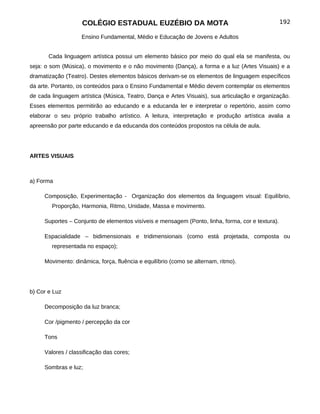 COLÉGIO ESTADUAL EUZÉBIO DA MOTA                                              192

                   Ensino Fundamental, Médio e Educação de Jovens e Adultos


       Cada linguagem artística possui um elemento básico por meio do qual ela se manifesta, ou
seja: o som (Música), o movimento e o não movimento (Dança), a forma e a luz (Artes Visuais) e a
dramatização (Teatro). Destes elementos básicos derivam-se os elementos de linguagem específicos
da arte. Portanto, os conteúdos para o Ensino Fundamental e Médio devem contemplar os elementos
de cada linguagem artística (Música, Teatro, Dança e Artes Visuais), sua articulação e organização.
Esses elementos permitirão ao educando e a educanda ler e interpretar o repertório, assim como
elaborar o seu próprio trabalho artístico. A leitura, interpretação e produção artística avalia a
apreensão por parte educando e da educanda dos conteúdos propostos na célula de aula.




ARTES VISUAIS



a) Forma

     Composição, Experimentação - Organização dos elementos da linguagem visual: Equilíbrio,
        Proporção, Harmonia, Ritmo, Unidade, Massa e movimento.

     Suportes – Conjunto de elementos visíveis e mensagem (Ponto, linha, forma, cor e textura).

     Espacialidade – bidimensionais e tridimensionais (como está projetada, composta ou
        representada no espaço);

     Movimento: dinâmica, força, fluência e equilíbrio (como se alternam, ritmo).




b) Cor e Luz

     Decomposição da luz branca;

     Cor /pigmento / percepção da cor

     Tons

     Valores / classificação das cores;

     Sombras e luz;
 