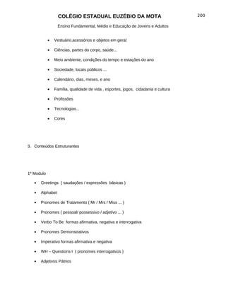 COLÉGIO ESTADUAL EUZÉBIO DA MOTA                                  200

                  Ensino Fundamental, Médio e Educação de Jovens e Adultos


            •   Vestuário,acessórios e objetos em geral

            •   Ciências, partes do corpo, saúde...

            •   Meio ambiente, condições do tempo e estações do ano

            •   Sociedade, locais públicos ...

            •   Calendário, dias, meses, e ano

            •   Família, qualidade de vida , esportes, jogos, cidadania e cultura

            •   Profissões

            •   Tecnologias...

            •   Cores




3. Conteúdos Estruturantes




1º Modulo

   •   Greetings ( saudações / expressões básicas )

   •   Alphabet

   •   Pronomes de Tratamento ( Mr / Mrs / Miss ... )

   •   Pronomes ( pessoal/ possessivo / adjetivo ... )

   •   Verbo To Be formas afirmativa, negativa e interrogativa

   •   Pronomes Demonstrativos

   •   Imperativo formas afirmativa e negativa

   •   WH – Questions I ( pronomes interrogativos )

   •   Adjetivos Pátrios
 