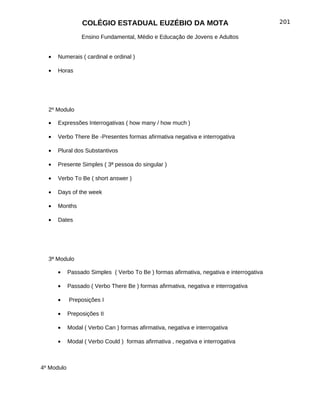 COLÉGIO ESTADUAL EUZÉBIO DA MOTA                                         201

                 Ensino Fundamental, Médio e Educação de Jovens e Adultos


  •   Numerais ( cardinal e ordinal )

  •   Horas




  2º Modulo

  •   Expressões Interrogativas ( how many / how much )

  •   Verbo There Be -Presentes formas afirmativa negativa e interrogativa

  •   Plural dos Substantivos

  •   Presente Simples ( 3ª pessoa do singular )

  •   Verbo To Be ( short answer )

  •   Days of the week

  •   Months

  •   Dates




  3ª Modulo

      •     Passado Simples ( Verbo To Be ) formas afirmativa, negativa e interrogativa

      •     Passado ( Verbo There Be ) formas afirmativa, negativa e interrogativa

      •     Preposições I

      •     Preposições II

      •     Modal ( Verbo Can ) formas afirmativa, negativa e interrogativa

      •     Modal ( Verbo Could ) formas afirmativa , negativa e interrogativa



4º Modulo
 
