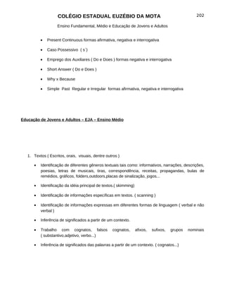 COLÉGIO ESTADUAL EUZÉBIO DA MOTA                                                 202

                    Ensino Fundamental, Médio e Educação de Jovens e Adultos


          •   Present Continuous formas afirmativa, negativa e interrogativa

          •   Caso Possessivo ( s`)

          •   Emprego dos Auxiliares ( Do e Does ) formas negativa e interrogativa

          •   Short Answer ( Do e Does )

          •   Why x Because

          •   Simple Past Regular e Irregular formas afirmativa, negativa e interrogativa




Educação de Jovens e Adultos – EJA – Ensino Médio




   1. Textos ( Escritos, orais, visuais, dentre outros )

      •   Identificação de diferentes gêneros textuais tais como: informativos, narrações, descrições,
          poesias, letras de musicais, tiras, correspondência, receitas, propagandas, bulas de
          remédios, gráficos, folders,outdoors,placas de sinalização, jogos...

      •   Identificação da idéia principal de textos.( skimming)

      •   Identificação de informações específicas em textos. ( scanning )

      •   Identificação de informações expressas em diferentes formas de linguagem ( verbal e não
          verbal )

      •   Inferência de significados a partir de um contexto.

      •   Trabalho com cognatos, falsos            cognatos,       afixos,   sufixos,   grupos   nominais
          ( substantivo,adjetivo, verbo...)

      •   Inferência de significados das palavras a partir de um contexto. ( cognatos...)
 