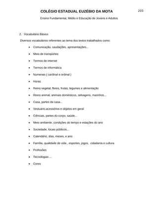 COLÉGIO ESTADUAL EUZÉBIO DA MOTA                               203

               Ensino Fundamental, Médio e Educação de Jovens e Adultos




2. Vocabulário Básico

Diversos vocabulários referentes ao tema dos textos trabalhados como:

      •   Comunicação, saudações, apresentações...

      •   Meio de transportes

      •   Termos de internet

      •   Termos de informática

      •   Numerais ( cardinal e ordinal )

      •   Horas

      •   Reino vegetal, flores, frutas, legumes e alimentação

      •   Reino animal, animais domésticos, selvagens, marinhos...

      •   Casa, partes da casa...

      •   Vestuário,acessórios e objetos em geral

      •   Ciências, partes do corpo, saúde...

      •   Meio ambiente, condições do tempo e estações do ano

      •   Sociedade, locais públicos...

      •   Calendário, dias, meses, e ano

      •   Família, qualidade de vida , esportes, jogos, cidadania e cultura

      •   Profissões

      •   Tecnologias ...

      •   Cores
 