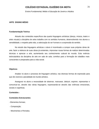 COLÉGIO ESTADUAL EUZÉBIO DA MOTA                                          21

                        Ensino Fundamental, Médio e Educação de Jovens e Adultos




ARTE ENSINO MÉDIO




Fundamentação Teórica

       Através dos conteúdos específicos das quarto linguagens artísticas (dança, música, teatro e
artes visuais) a disciplina de artes trabalha com os sentidos humanos, desenvolvendo nos alunos a
sensibilidade, o respeito pela vida, a valorização do ser humano e a expressão do sentido.

       No estudo das linguagens artísticas o aluno é incentivado a compor suas próprias obras de
arte, fazer a releitura de suas obras já existentes, improvisar novas formas de realizar determinadas
técnicas e apreciar a arte, aumentando seu conhecimento cultural do mundo. Esta vivência
teórico∕prática da disciplina de arte em sala de aula, contribui para a formação de cidadãos mais
conscientes e preparados para a vida social.




Objetivos

       Ampliar no aluno o processo de linguagem artística, nas diversas formas de expressão para
que ele vivencie a pluralidade do mundo artístico.

       Assegurar no aluno a necessidade de observar, manusear, deduzir, exprimir, representar e
comunicar-se, através das várias linguagens, expressando-se através das vivências emocionais,
sociais e cognitivas.

Conteúdos :

Conteúdos Estruturantes

- Elementos formais;

- Composição;

- Movimentos e Períodos.
 