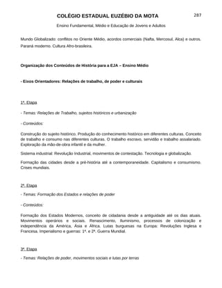 COLÉGIO ESTADUAL EUZÉBIO DA MOTA                                              287

                    Ensino Fundamental, Médio e Educação de Jovens e Adultos


Mundo Globalizado: conflitos no Oriente Médio, acordos comerciais (Nafta, Mercosul, Alca) e outros.
Paraná moderno. Cultura Afro-brasileira.



Organização dos Conteúdos de História para a EJA – Ensino Médio


- Eixos Orientadores: Relações de trabalho, de poder e culturais




1ª. Etapa

- Temas: Relações de Trabalho, sujeitos históricos e urbanização

- Conteúdos:

Construção do sujeito histórico. Produção do conhecimento histórico em diferentes culturas. Conceito
de trabalho e consumo nas diferentes culturas. O trabalho escravo, servidão e trabalho assalariado.
Exploração da mão-de-obra infantil e da mulher.

Sistema industrial: Revolução Industrial, movimentos de contestação. Tecnologia e globalização.

Formação das cidades desde a pré-história até a contemporaneidade. Capitalismo e consumismo.
Crises mundiais.



2ª. Etapa

- Temas: Formação dos Estados e relações de poder

- Conteúdos:

Formação dos Estados Modernos, conceito de cidadania desde a antiguidade até os dias atuais.
Movimentos operários e sociais. Renascimento, Iluminismo, processos de colonização e
independência da América, Ásia e África. Lutas burguesas na Europa: Revoluções Inglesa e
Francesa. Imperialismo e guerras: 1ª. e 2ª. Guerra Mundial.



3ª. Etapa

- Temas: Relações de poder, movimentos sociais e lutas por terras
 