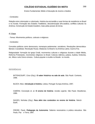 COLÉGIO ESTADUAL EUZÉBIO DA MOTA                                            288

                    Ensino Fundamental, Médio e Educação de Jovens e Adultos


- Conteúdos:

Relação entre colonizador e colonizado. História da escravidão e suas formas de resistência no Brasil
e no mundo. Formação dos Estados Totalitários, descolonização afro-asiática, conflitos culturais na
América. Construção do Estado brasileiro, lutas pelas posses de terras.



4ª. Etapa

- Temas: Movimentos políticos, culturais e religiosos

- Conteúdos:

Conceitos políticos como democracia, monarquia parlamentar, socialismo. Revoluções democrática-
liberais e socialistas: Revolução Russa. Ditaduras no Brasil e na América Latina. Guerra Fria.

Religiosidade: formação da Igreja Cristã, movimentos culturais e religiosos durante a Idade Média,
Reforma Protestante, movimentos religiosos no Brasil. Culturas islâmica, judaica, budista, hinduísta,
etc. Mitos e arte Greco-romana. Cultura popular e erudita no Brasile no mundo.




REFERÊNCIAS


     BITTENCOURT, Circe (Org.). O saber histórico na sala de aula. São Paulo: Contexto,
     1998.


     BLOCH, Marc. Introdução à história. Lisboa, Portugal: Europa-América, 1997.



     CABRINI, Conceição et. al. O ensino de história: revisão urgente. São Paulo: Brasiliense,
     1986.



     DAVIES, Nicholas (Org.). Para além dos conteúdos no ensino de história. Niterói:
     Eduff,



     FREIRE, Paulo. Pedagogia da Autonomia: Saberes necessários à prática educativa. São
     Paulo, Paz e Terra, 1987.
 