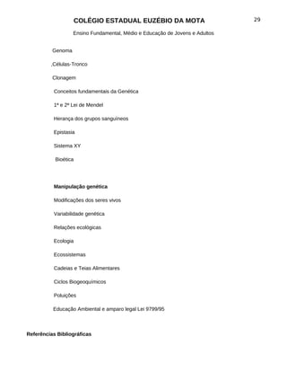 COLÉGIO ESTADUAL EUZÉBIO DA MOTA                        29

                   Ensino Fundamental, Médio e Educação de Jovens e Adultos


          Genoma

         ,Células-Tronco

          Clonagem

          Conceitos fundamentais da Genética

          1ª e 2ª Lei de Mendel

          Herança dos grupos sanguíneos

          Epistasia

          Sistema XY

           Bioética




          Manipulação genética

          Modificações dos seres vivos

          Variabilidade genética

          Relações ecológicas

          Ecologia

          Ecossistemas

          Cadeias e Teias Alimentares

          Ciclos Biogeoquímicos

          Poluições

          Educação Ambiental e amparo legal Lei 9799/95



Referências Bibliográficas
 