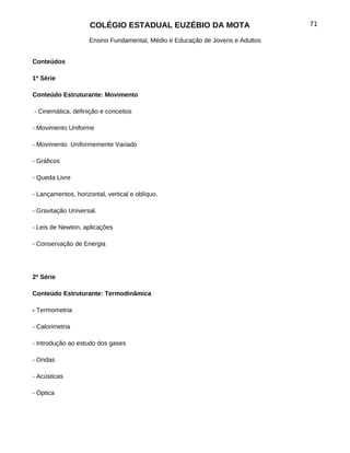 COLÉGIO ESTADUAL EUZÉBIO DA MOTA                          71

                    Ensino Fundamental, Médio e Educação de Jovens e Adultos


Conteúdos

1ª Série

Conteúdo Estruturante: Movimento

- Cinemática, definição e conceitos

- Movimento Uniforme

- Movimento Uniformemente Variado

- Gráficos

- Queda Livre

- Lançamentos, horizontal, vertical e oblíquo.

- Gravitação Universal.

- Leis de Newton, aplicações

- Conservação de Energia




2ª Série

Conteúdo Estruturante: Termodinâmica

- Termometria

- Calorimetria

- Introdução ao estudo dos gases

- Ondas

- Acústicas

- Óptica
 