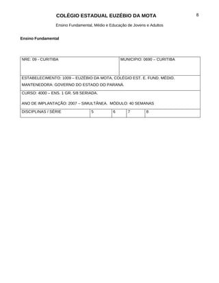 COLÉGIO ESTADUAL EUZÉBIO DA MOTA                              8

                Ensino Fundamental, Médio e Educação de Jovens e Adultos


Ensino Fundamental




NRE: 09 - CURITIBA                               MUNICIPIO: 0690 – CURITIBA



ESTABELECIMENTO: 1009 – EUZÉBIO DA MOTA, COLÉGIO EST. E. FUND. MÉDIO.
MANTENEDORA: GOVERNO DO ESTADO DO PARANÁ.

CURSO: 4000 – ENS. 1 GR. 5/8 SERIADA.

ANO DE IMPLANTAÇÃO: 2007 – SIMULTÂNEA. MÓDULO: 40 SEMANAS

DISCIPLINAS / SÉRIE               5          6       7         8
 