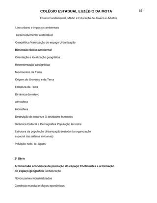 COLÉGIO ESTADUAL EUZÉBIO DA MOTA                           83

                     Ensino Fundamental, Médio e Educação de Jovens e Adultos


Lixo urbano e impactos ambientais

 Desenvolvimento sustentável

Geopolítica Valorização do espaço Urbanização

Dimensão Sócio-Ambiental

Orientação e localização geográfica

Representação cartográfica

Movimentos da Terra

Origem do Universo e da Terra

Estrutura da Terra

Dinâmica do relevo

Atmosfera

Hidrosfera

Destruição da natureza X atividades humanas

Dinâmica Cultural e Demográfica População terrestre

Estrutura da população Urbanização (estudo da organização
espacial das aldeias africanas)

Poluição: solo, ar, águas




2ª Série

A Dimensão econômica da produção do espaço Continentes e a formação
do espaço geográfico Globalização

Novos países industrializados

Comércio mundial e blocos econômicos
 