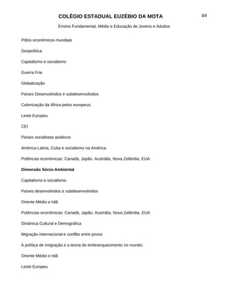 COLÉGIO ESTADUAL EUZÉBIO DA MOTA                           84

                       Ensino Fundamental, Médio e Educação de Jovens e Adultos


Pólos econômicos mundiais

Geopolítica

Capitalismo e socialismo

Guerra Fria

Globalização

Países Desenvolvidos e subdesenvolvidos

Colonização da África pelos europeus;

Leste Europeu

CEI

Países socialistas asiáticos

América Latina, Cuba e socialismo na América

Potências econômicas: Canadá, Japão, Austrália, Nova Zelândia, EUA

Dimensão Sócio-Ambiental

Capitalismo e socialismo

Países desenvolvidos e subdesenvolvidos

Oriente Médio e Islã

Potências econômicas: Canadá, Japão, Austrália, Nova Zelândia, EUA

Dinâmica Cultural e Demográfica

Migração internacional e conflito entre povos

A política de imigração e a teoria do embranquecimento no mundo:

Oriente Médio e Islã

Leste Europeu
 