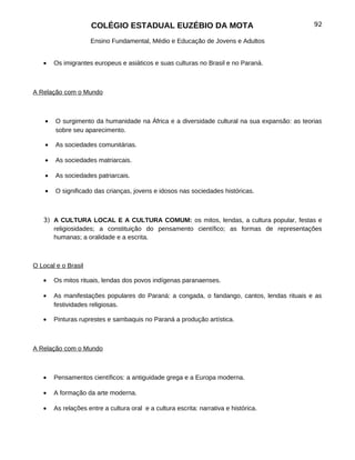 COLÉGIO ESTADUAL EUZÉBIO DA MOTA                                         92

                     Ensino Fundamental, Médio e Educação de Jovens e Adultos


   •    Os imigrantes europeus e asiáticos e suas culturas no Brasil e no Paraná.



A Relação com o Mundo



    •   O surgimento da humanidade na África e a diversidade cultural na sua expansão: as teorias
        sobre seu aparecimento.

    •   As sociedades comunitárias.

    •   As sociedades matriarcais.

    •   As sociedades patriarcais.

    •   O significado das crianças, jovens e idosos nas sociedades históricas.



   3) A CULTURA LOCAL E A CULTURA COMUM: os mitos, lendas, a cultura popular, festas e
      religiosidades; a constituição do pensamento científico; as formas de representações
      humanas; a oralidade e a escrita.



O Local e o Brasil

   •    Os mitos rituais, lendas dos povos indígenas paranaenses.

   •    As manifestações populares do Paraná: a congada, o fandango, cantos, lendas rituais e as
        festividades religiosas.

   •    Pinturas ruprestes e sambaquis no Paraná a produção artística.



A Relação com o Mundo



   •    Pensamentos científicos: a antiguidade grega e a Europa moderna.

   •    A formação da arte moderna.

   •    As relações entre a cultura oral e a cultura escrita: narrativa e histórica.
 