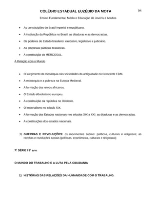 COLÉGIO ESTADUAL EUZÉBIO DA MOTA                                            94

                    Ensino Fundamental, Médio e Educação de Jovens e Adultos


   •   As constituições do Brasil imperial e republicano.

   •   A instituição da República no Brasil: as ditaduras e as democracias.

   •   Os poderes do Estado brasileiro: executivo, legislativo e judiciário.

   •   As empresas públicas brasileiras.

   •   A constituição do MERCOSUL.

A Relação com o Mundo



   •   O surgimento da monarquia nas sociedades da antiguidade no Crescente Fértil.

   •   A monarquia e a pobreza na Europa Medieval.

   •   A formação dos reinos africanos.

   •   O Estado Absolutismo europeu.

   •   A constituição da república no Ocidente.

   •   O imperialismo no século XIX.

   •   A formação dos Estados nacionais nos séculos XIX a XXI: as ditaduras e as democracias.

   •   A constituições dos estados nacionais.



   3) GUERRAS E REVOLUÇÕES: os movimentos sociais: políticos, culturais e religiosos; as
      revoltas e revoluções sociais (políticas, econômicas, culturais e religiosas);



7ª SÉRIE / 8º ano



O MUNDO DO TRABALHO E A LUTA PELA CIDADANIA



   1) HISTÓRIAS DAS RELAÇÕES DA HUMANIDADE COM O TRABALHO.
 