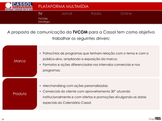 A proposta de comunicação da TVCOM para a Cassol tem como objetivo
trabalhar os seguintes drivers:
PLATAFORMA MULTIMÍDIA
Marca
Produto
• Patrocínios de programas que tenham relação com o tema e com o
público-alvo, ampliando a exposição da marca;
• Formatos e ações diferenciadas nos intervalos comerciais e nos
programas;
• Merchandising com ações personalizadas;
• Comerciais do cliente com aproveitamento 30” atuando
institucionalmente e com ofertas e promoções divulgando as datas
especiais do Calendário Cassol.
TV
TV Jornal Rádio Online
TVCOM
Estratégia
24
 