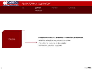 29
- Mídia de divulgação nos jornais do Grupo RBS
-Patrocínio nos cadernos de decoração
-Encartes nos jornais do Grupo RBS
Produto
PLATAFORMA MULTIMÍDIA
Aumentar fluxo no PDV e atender o calendário promocional
TV
TV Jornal Rádio Online
Estratégia
 