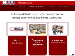 Marca
(Top Of Mind)
Promocional
PDV e
Televendas
Classes ABC
(Vantagem e Preço)
PROJETO
As frentes definidas para ação de acordo com
necessidades e o calendário da Cassol, são:
APRESENTAÇÃO
Orientação da Comunicação
Objetivo Frentes de Atuação
3
 