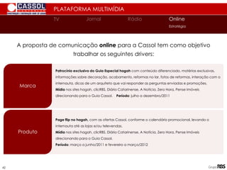 A proposta de comunicação online para a Cassol tem como objetivo
trabalhar os seguintes drivers:
PLATAFORMA MULTIMÍDIA
Marca
Produto
TV
TV Jornal Rádio Online
Estratégia
42
Patrocínio exclusivo do Guia Especial hagah com conteúdo diferenciado, matérias exclusivas,
informações sobre decoração, acabamento, reformas no lar, fotos de reformas, interação com o
internauta, dicas de um arquiteto que vai responder as perguntas enviadas e promoções.
Mídia nos sites hagah, clicRBS, Diário Catarinense, A Notícia, Zero Hora, Pense Imóveis
direcionando para o Guia Cassol. Período: julho a dezembro/2011
Page flip no hagah, com as ofertas Cassol, conforme o calendário promocional, levando o
internauta até as lojas e/ou televendas.
Mídia nos sites hagah, clicRBS, Diário Catarinense, A Notícia, Zero Hora, Pense Imóveis
direcionando para o Guia Cassol.
Período: março a junho/2011 e fevereiro a março/2012
 