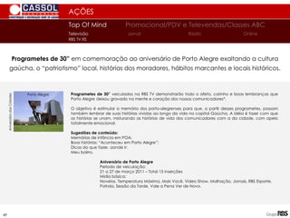 Programetes de 30” em comemoração ao aniversário de Porto Alegre exaltando a cultura
gaúcha, o “patriotismo” local, histórias dos moradores, hábitos marcantes e locais históricos.
AÇÕES
Top Of Mind Promocional/PDV e Televendas/Classes ABC
Jornal
Televisão Rádio Online
RBS TV RS
Porto Alegre
Aniversário
das
Cidades
Programetes de 30” veiculados na RBS TV demonstrarão todo o afeto, carinho e boas lembranças que
Porto Alegre deixou gravado na mente e coração dos nossos comunicadores*.
O objetivo é estimular a memória dos porto-alegrenses para que, a partir desses programetes, possam
também lembrar de suas histórias vividas ao longo da vida na capital Gaúcha. A idéia é fazer com que
as histórias se unam, misturando as histórias de vida dos comunicadores com a da cidade, com apelo
totalmente emocional.
Sugestões de conteúdo:
Memórias de infância em POA;
Boas histórias: “Aconteceu em Porto Alegre”;
Dicas do que fazer, aonde ir;
Meu bairro.
Aniversário de Porto Alegre
Período de veiculação:
21 a 27 de março 2011 – Total 15 inserções
Mídia básica:
Novelas, Temperatura Máxima, Mais Você, Vídeo Show, Malhação, Jornais, RBS Esporte,
Patrola, Sessão da Tarde, Vale a Pena Ver de Novo.
49
 