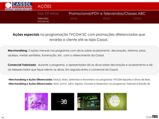 AÇÕES
Top Of Mind Promocional/PDV e Televendas/Classes ABC
Jornal
Televisão Rádio Online
TVCOM SC
66
Merchandising: 2 ações mensais nos programas com dicas sobre acabamento, decoração, reforma, pisos,
azulejos, metais sanitários, iluminação, etc. com o oferecimento da Cassol.
Comercial Valorizado: durante o programa, o apresentador dá as dicas sobre decoração e acabamento e diz
ao telespectador que fique atento as dicas. Em seguida entra o comercial da Cassol.
•Merchandising e Ações Diferenciadas: Março, Maio, Setembro e Novembro nos programas: TVCOM Esportes e Show de Bola
•Merchandising e Ações Diferenciadas: Abril, Junho, Julho, Agosto, Outubro e Dezembro nos programas: Falando e Estúdio 36
Ações especiais na programação TVCOM SC com promoções diferenciadas que
levarão o cliente até as lojas Cassol.
 