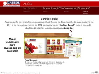 Maior
visibilidade
para
divulgação de
produtos!
Catálogo digital
Apresentação dos produtos em catálogo virtual! Dentro do Guia Hagah, de março a junho de
2011 e de fevereiro e março de 2012 aproveitando os “Liquidas Cassol”, toda a peça de
divulgação nos sites será direcionada ao Page flip.
Papel Simulado
O movimento das páginas simula fielmente à edição do
papel real, criando um efeito agradável no usuário e
captando sua atenção
AÇÕES
*O internauta clica na mídia de chamada nos sites e é direcionado para o flip.
Top Of Mind Promocional/PDV e Televendas/Classes ABC
Jornal
Televisão Rádio Online
Hagah
77
 