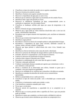 Classificar os tipos de erosão de acordo com os agentes causadores.
Descrever técnicas de controle à erosão.
Identificar o homem como agente causador da erosão.
Descrever a importância da água para os seres vivos.
Observar que na natureza a água pode ser encontrada em três estados físicos.
Identificar onde a água está presente na Terra.
Descrever as substâncias formadoras da água, compreendendo como as
moléculas se organizam nos três estados físicos.
Classificar as mudanças sofridas pela água por causa da temperatura e da
pressão.
Definir a fórmula da água compreendendo-a.
Observar que a água pode ter vários materiais dissolvidos nela e com isso ela
recebe classificações específicas.
Reconhecer que as águas minerais são importantes, pois, auxiliam no tratamento
de doenças.
Observar que existem microorganismos que poluem a água.
Identificar a água potável.
Reconhecer e descrever através de exemplos práticos cada propriedade da água.
Reconhecer a importância da água como solvente, definindo conceito de
mistura, soluto, solvente, solução e suspensão.
Observar que água permite a sobrevivência dos seres vivos, listando suas
utilidades.
Identificar as chuvas torrenciais como causa da morte e destruição.
Descrever o processo de obtenção de energia elétrica a partir da força da água.
Entender, descrever e esquematizar o ciclo da água na natureza.
Explicar os processos de purificação da água na natureza.
Associar como a água se relaciona com o clima.
Reconhecer a contaminação do solo como fator do agravo à saúde.
Valorizar a educação ambiental
Conhecer as principais doenças causadas por agentes que contaminam o solo e
seus sintomas e como prevenir
Provar a existência do ar observando seus efeitos, listando os gases que o
compõem com suas respectivas quantidades.
Descrever as utilidades do ar; notificar que a atmosfera é dividida em camadas.
Identificar as camadas da atmosfera de acordo com as características
apresentadas.
Definir as propriedades do ar e saber prová-las.
Classificar os tipos de ventos de acordo com a velocidade que o mesmo pode
atingir.
Classificar os instrumentos usados para estudar o vento.
Citar benefícios e prejuízos causados pelo vento.
Provar que o ar tem peso.
Observar através de experiências a capacidade do ar se comprimir ou se
expandir.
Observar que o ar exerce pressão sobre a superfície da Terra e que essa pressão
pode ser medida.
Identificar os gases que compõem o ar descrevendo a utilidade de cada um.
Observar que existem outras substâncias que entram na composição do ar.
 