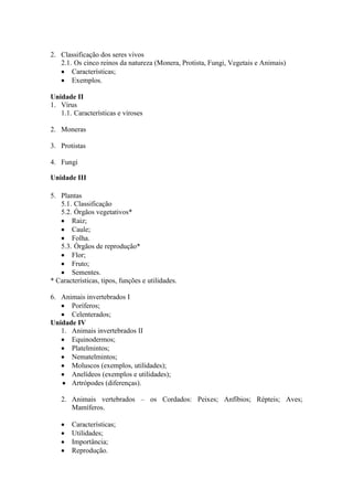 2. Classificação dos seres vivos
2.1. Os cinco reinos da natureza (Monera, Protista, Fungi, Vegetais e Animais)
Características;
Exemplos.
Unidade II
1. Vírus
1.1. Características e viroses
2. Moneras
3. Protistas
4. Fungi
Unidade III
5. Plantas
5.1. Classificação
5.2. Órgãos vegetativos*
Raiz;
Caule;
Folha.
5.3. Órgãos de reprodução*
Flor;
Fruto;
Sementes.
* Características, tipos, funções e utilidades.
6. Animais invertebrados I
Poríferos;
Celenterados;
Unidade IV
1. Animais invertebrados II
Equinodermos;
Platelmintos;
Nematelmintos;
Moluscos (exemplos, utilidades);
Anelídeos (exemplos e utilidades);
Artrópodes (diferenças).
2. Animais vertebrados – os Cordados: Peixes; Anfíbios; Répteis; Aves;
Mamíferos.
Características;
Utilidades;
Importância;
Reprodução.
 