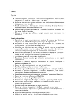 7ª Série
Ementa
Analisa os aspectos, composição e estruturas do corpo humano, partindo da sua
menor parte – célula- até a unidade maior – o corpo;
Enfoca as relações corpo x meio ambiente e suas implicações no funcionamento
do organismo como um todo;
Estuda a anatomia e a fisiologia dos sistemas formadores do corpo humano e
suas inter-relações, funções e características;
Discute aspectos ligados à reprodução e evolução do homem, abordando para
isto temas ligados à genética;
Discute as doenças que afetam o corpo humano, suas prevenções e/ou
tratamento.
Objetivos Específicos
Reconhecer o corpo humano como um conjunto de sistemas que funcionam
integrados, dependendo das reações químicas que ali se processam.
Reconhecer a célula como menor parte do organismo vivo, descrever seu
histórico, tipos e características de suas organelas.
Identificar os diferentes tipos de tecidos de acordo com as características
apresentadas, assim como os órgãos; diferenciar aparelhos de sistemas e
descrever as funções do organismo de acordo com as características.
Classificar os alimentos de acordo com as características próprias, descrever a
função de cada nutriente no organismo, reconhecendo-os.
reconhecer os meios de conservação dos alimentos.
Relacionar doenças causadas por alimentos contaminados ao seu agente
contaminador.
Descrever o processo digestivo, relacionando as funções fisiológicas e
anatômicas de cada órgão.
Descrever cada etapa da digestão com suas características.
Localizar órgãos, reconhecer enzimas e esfincteres.
Descrever o que acontece com os alimentos ingeridos até a formação das fezes.
Descrever o processo respiratório, a mecânica respiratória, bem como a
fisiologia dos órgãos relacionados com o processos .
Especificar os controles respiratórios e as substâncias / órgãos envolvidos (as).
Descrever o processo de hematose (O2 e CO2).
Identificar as doenças do aparelho respiratório.
Identificar os componentes do sangue, as doenças a que o sangue está sujeito.
Classificar os tipos de sangue, determinar o fator Rh e descrever meios de
imunização do organismo.
Conhecer as defesas que existem em nosso organismo.
Descrever o sistema circulatório, e fisiologia e anatomia de seus vasos
condutores e coração, especificando a grande e pequena circulação bem como a
trajetória das mesmas.
Listar funções do sistema circulatório e suas propriedades.
Diferenciar veias de artérias e identificar as principais de nosso corpo.
 