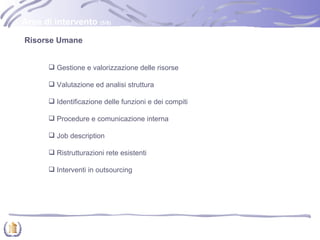 Gestione e valorizzazione delle risorse  Valutazione ed analisi struttura Identificazione delle funzioni e dei compiti Procedure e comunicazione interna  Job description Ristrutturazioni rete esistenti  Interventi in outsourcing  Risorse Umane Aree di intervento  (5/9) 
