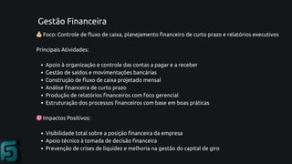 Gestão Financeira
💰Foco: Controle de fluxo de caixa, planejamento financeiro de curto prazo e relatórios executivos
Principais Atividades:
Apoio à organização e controle das contas a pagar e a receber
Gestão de saldos e movimentações bancárias
Construção de fluxo de caixa projetado mensal
Análise financeira de curto prazo
Produção de relatórios financeiros com foco gerencial
Estruturação dos processos financeiros com base em boas práticas
🎯Impactos Positivos:
Visibilidade total sobre a posição financeira da empresa
Apoio técnico à tomada de decisão financeira
Prevenção de crises de liquidez e melhoria na gestão do capital de giro
 
