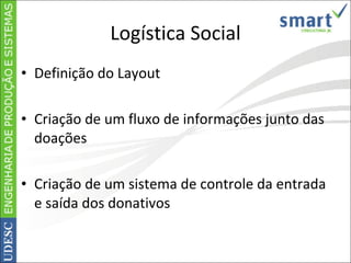 Logística Social Definição do Layout Criação de um fluxo de informações junto das doações Criação de um sistema de controle da entrada e saída dos donativos 