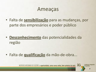 Ameaças
• Falta de sensibilização para as mudanças, por
  parte dos empresários e poder público

• Desconhecimento das potencialidades da
  região

• Falta de qualificação da mão-de-obra...


                                                  3
 