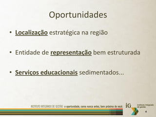 Oportunidades
• Localização estratégica na região

• Entidade de representação bem estruturada

• Serviços educacionais sedimentados...




                                              4
 