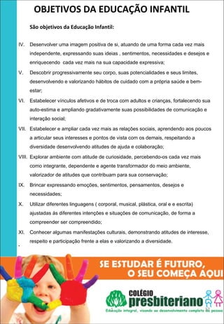 OBJETIVOS DA EDUCAÇÃO INFANTIL
      São objetivos da Educação Infantil:
 
IV.   Desenvolver uma imagem positiva de si, atuando de uma forma cada vez mais
      independente, expressando suas ideias , sentimentos, necessidades e desejos e
      enriquecendo cada vez mais na sua capacidade expressiva;

V.    Descobrir progressivamente seu corpo, suas potencialidades e seus limites,
      desenvolvendo e valorizando hábitos de cuidado com a própria saúde e bem-
      estar;

VI.   Estabelecer vínculos afetivos e de troca com adultos e crianças, fortalecendo sua
      auto-estima e ampliando gradativamente suas possibilidades de comunicação e
      interação social;

VII. Estabelecer e ampliar cada vez mais as relações sociais, aprendendo aos poucos
      a articular seus interesses e pontos de vista com os demais, respeitando a
      diversidade desenvolvendo atitudes de ajuda e colaboração;

VIII. Explorar ambiente com atitude de curiosidade, percebendo-os cada vez mais
      como integrante, dependente e agente transformador do meio ambiente,
      valorizador de atitudes que contribuam para sua conservação;

IX.   Brincar expressando emoções, sentimentos, pensamentos, desejos e
      necessidades;

X.    Utilizar diferentes linguagens ( corporal, musical, plástica, oral e e escrita)
      ajustadas ás diferentes intenções e situações de comunicação, de forma a
      compreender ser compreendido;

XI.   Conhecer algumas manifestações culturais, demonstrando atitudes de interesse,
      respeito e participação frente a elas e valorizando a diversidade.
•      




                                             1                                          37
 