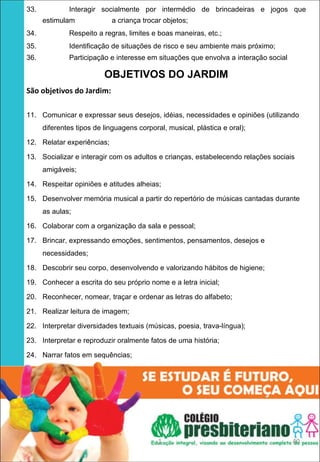 33.           Interagir socialmente por intermédio de brincadeiras e jogos que
      estimulam             a criança trocar objetos;
34.           Respeito a regras, limites e boas maneiras, etc.;
35.           Identificação de situações de risco e seu ambiente mais próximo;
36.           Participação e interesse em situações que envolva a interação social   .




                          OBJETIVOS DO JARDIM
São objetivos do Jardim:
 
 

11. Comunicar e expressar seus desejos, idéias, necessidades e opiniões (utilizando
      diferentes tipos de linguagens corporal, musical, plástica e oral);

12. Relatar experiências;

13. Socializar e interagir com os adultos e crianças, estabelecendo relações sociais
      amigáveis;

14. Respeitar opiniões e atitudes alheias;

15. Desenvolver memória musical a partir do repertório de músicas cantadas durante
      as aulas;

16. Colaborar com a organização da sala e pessoal;

17. Brincar, expressando emoções, sentimentos, pensamentos, desejos e
      necessidades;

18. Descobrir seu corpo, desenvolvendo e valorizando hábitos de higiene;

19. Conhecer a escrita do seu próprio nome e a letra inicial;

20. Reconhecer, nomear, traçar e ordenar as letras do alfabeto;

21. Realizar leitura de imagem;

22. Interpretar diversidades textuais (músicas, poesia, trava-língua);

23. Interpretar e reproduzir oralmente fatos de uma história;

24. Narrar fatos em sequências;

       




                                            1                                            40
 
