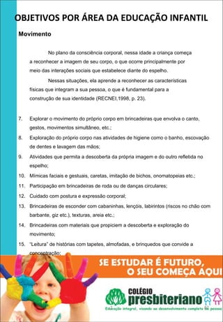 OBJETIVOS POR ÁREA DA EDUCAÇÃO INFANTIL
Movimento
 
 

              No plano da consciência corporal, nessa idade a criança começa
     a reconhecer a imagem de seu corpo, o que ocorre principalmente por
     meio das interações sociais que estabelece diante do espelho.

              Nessas situações, ela aprende a reconhecer as características
     físicas que integram a sua pessoa, o que é fundamental para a
     construção de sua identidade (RECNEI,1998, p. 23).



7.   Explorar o movimento do próprio corpo em brincadeiras que envolva o canto,
     gestos, movimentos simultâneo, etc.;

8.   Exploração do próprio corpo nas atividades de higiene como o banho, escovação
     de dentes e lavagem das mãos;

9.   Atividades que permita a descoberta da própria imagem e do outro refletida no
     espelho;

10. Mímicas faciais e gestuais, caretas, imitação de bichos, onomatopeias etc.;

11. Participação em brincadeiras de roda ou de danças circulares;

12. Cuidado com postura e expressão corporal;

13. Brincadeiras de esconder com cabaninhas, lençóis, labirintos (riscos no chão com
     barbante, giz etc.), texturas, areia etc.;

14. Brincadeiras com materiais que propiciem a descoberta e exploração do
     movimento;

15. “Leitura” de histórias com tapetes, almofadas, e brinquedos que convide a
     concentração;




                                            1                                        42
 