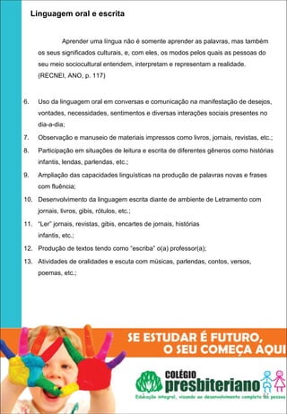    Linguagem oral e escrita
 

 

              Aprender uma língua não é somente aprender as palavras, mas também
     os seus significados culturais, e, com eles, os modos pelos quais as pessoas do
     seu meio sociocultural entendem, interpretam e representam a realidade.
     (RECNEI, ANO, p. 117)



6.   Uso da linguagem oral em conversas e comunicação na manifestação de desejos,
     vontades, necessidades, sentimentos e diversas interações sociais presentes no
     dia-a-dia;

7.   Observação e manuseio de materiais impressos como livros, jornais, revistas, etc.;

8.   Participação em situações de leitura e escrita de diferentes gêneros como histórias
     infantis, lendas, parlendas, etc.;

9.   Ampliação das capacidades linguísticas na produção de palavras novas e frases
     com fluência;

10. Desenvolvimento da linguagem escrita diante de ambiente de Letramento com
     jornais, livros, gibis, rótulos, etc.;

11. “Ler” jornais, revistas, gibis, encartes de jornais, histórias
     infantis, etc.;

12. Produção de textos tendo como “escriba” o(a) professor(a);

13. Atividades de oralidades e escuta com músicas, parlendas, contos, versos,
     poemas, etc.;

 
 




                                              1                                     47
 